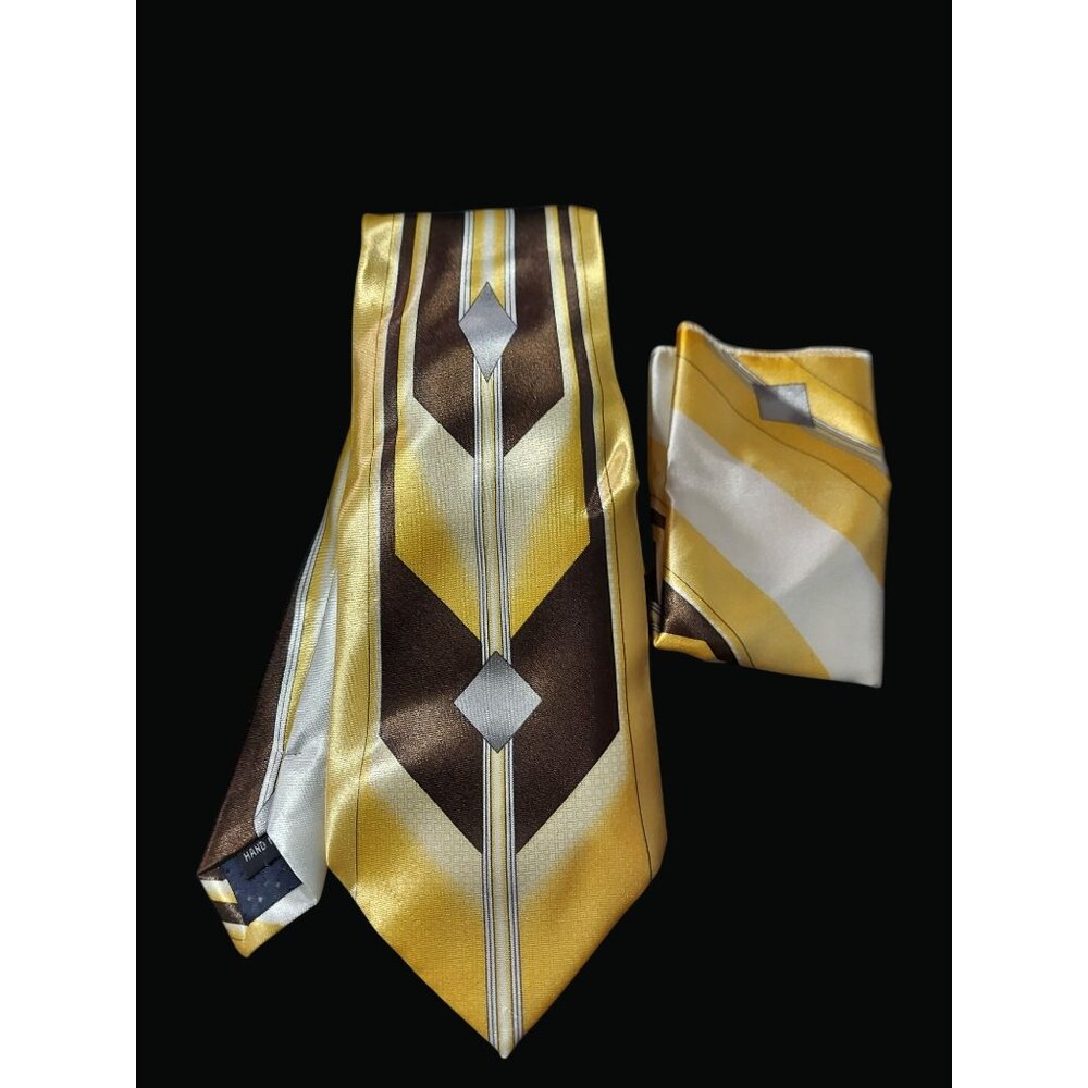 Milano Moda Mens Geometric Yellow & Brown Striped Tie With Pocket Square T01 AA